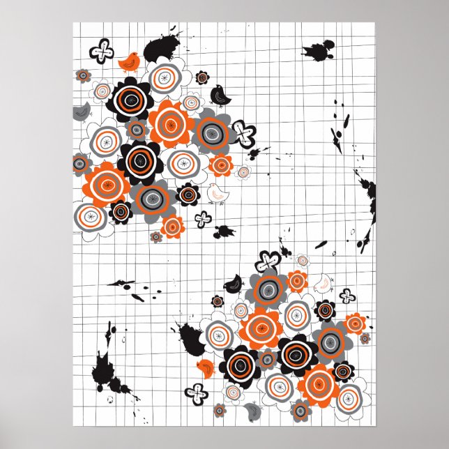 Orange Flowers Chicks Grunge Bläck Blots Doodles K Poster (Framsidan)