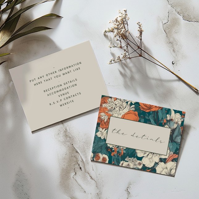 Orange Flowers Elegant bröllop Tilläggskort (Back and front Wedding "the details" card: Vintage floral frame with elegant green script and text.)