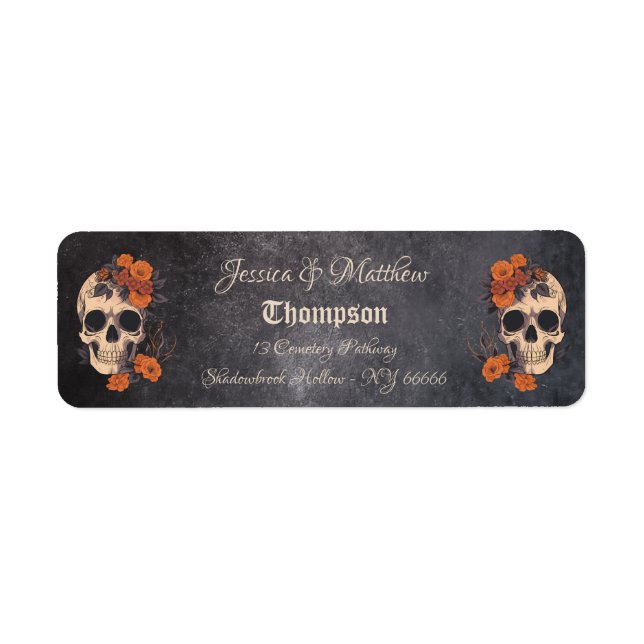 Orange Flowers Elegant Skull bröllop Adress Returadress Etikett (Framsidan)