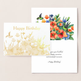 Orange Flowers Hummingbird Birthday Guld Folierat Kort