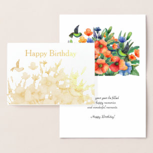 Orange Flowers Hummingbird Birthday Guld Folierat Kort