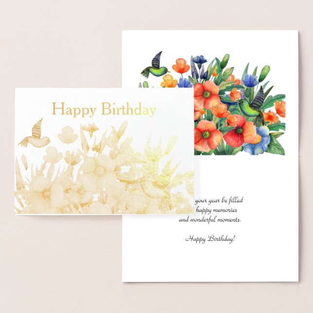 Orange Flowers Hummingbird Birthday Guld Folierat Kort (Display)