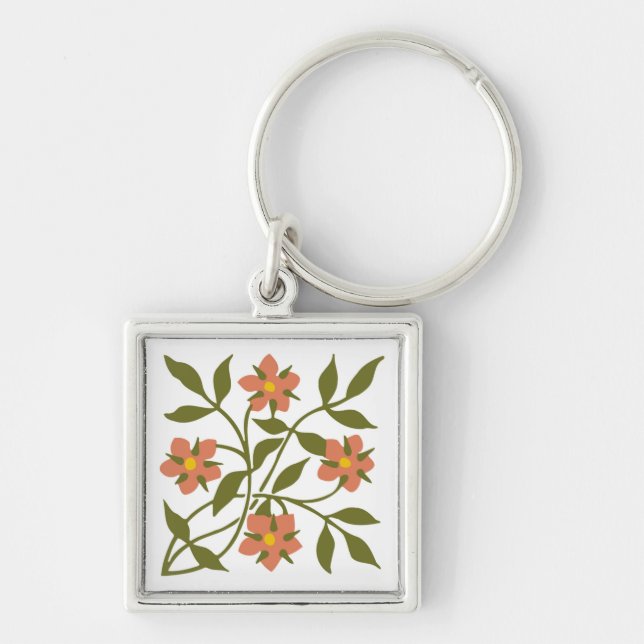 ORANGE FLOWERS KEYCHAIN FYRKANTIG SILVERFÄRGAD NYCKELRING (Framsidan)
