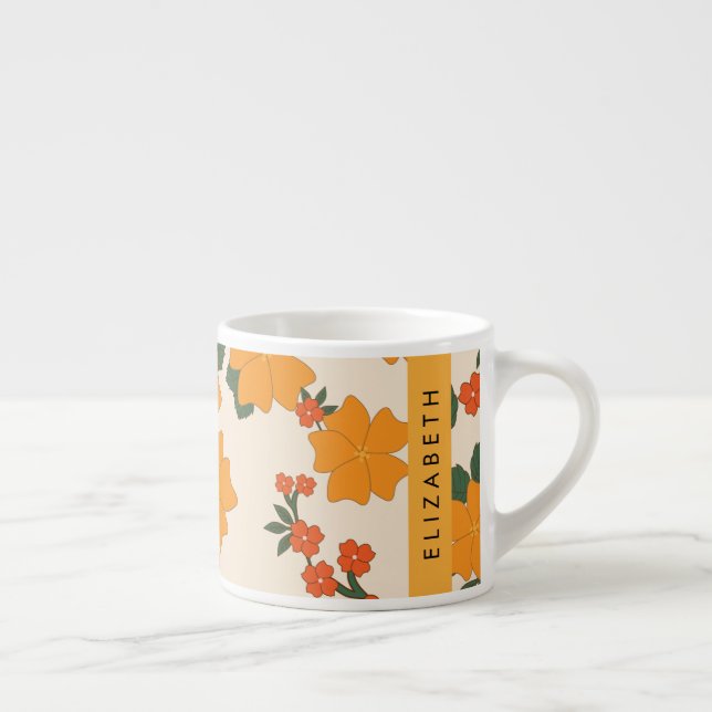 Orange Flowers, Mönster till blommor, ditt namn Espressomugg (Höger)