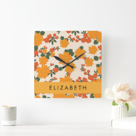 Orange Flowers, Mönster till blommor, ditt namn Fyrkantig Klocka