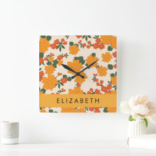 Orange Flowers, Mönster till blommor, ditt namn Fyrkantig Klocka