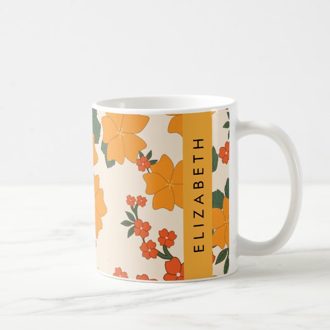 Orange Flowers, Mönster till blommor, ditt namn Kaffemugg (Höger)