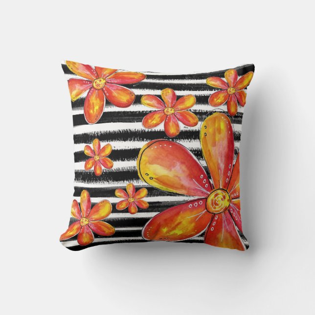 Orange Flowers on Black Rand Kudde (Framsida)