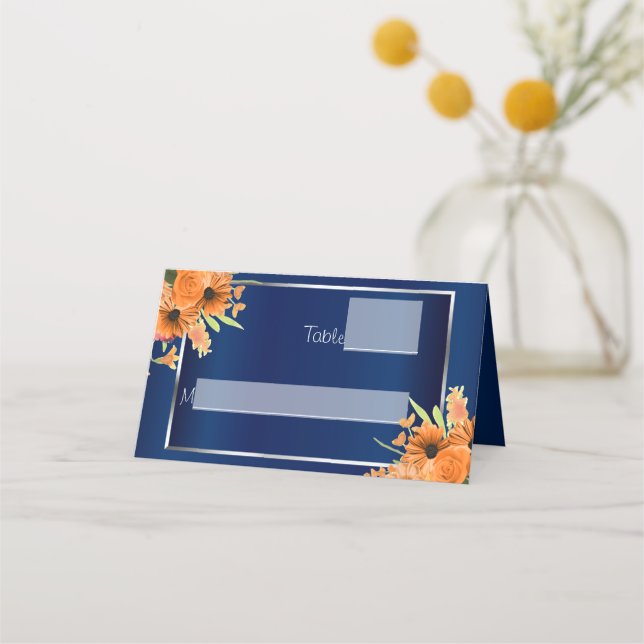 Orange Flowers on Navy Blue Placeringskort (Framsida)