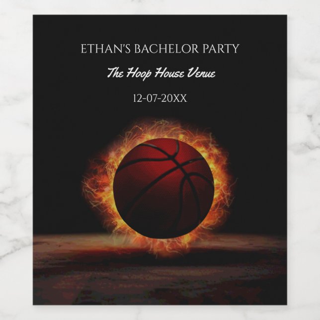 Orange födelsedagsfest för svart basketboll vinflaska etikett (Singel etikett)