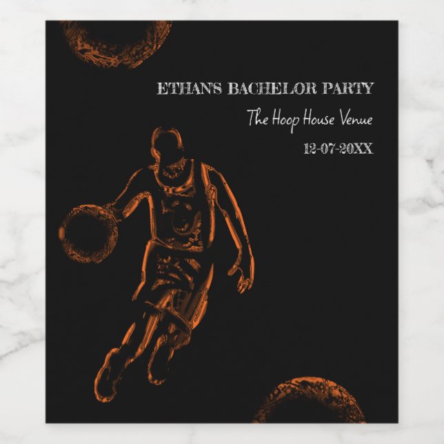 Orange födelsedagsfest för svart basketboll vinflaska etikett (Singel etikett)