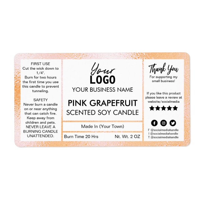 Orange Foil Rosa Grapefruit Scented Soy Candle Lab Fraktsedel (Framsidan)