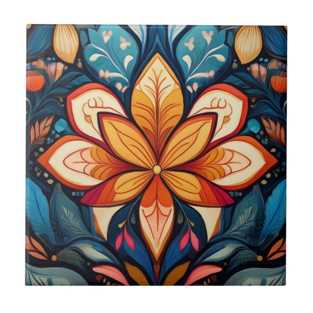 Orange Folk Flower Kakelplatta (Framsidan)