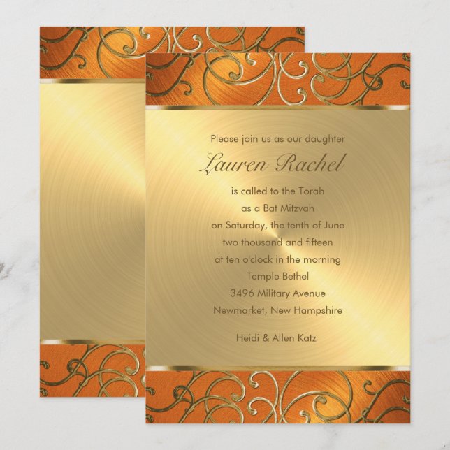 Orange för bat mitzvah Elegant och Guld Filigree Inbjudningar (Fram/baksida)