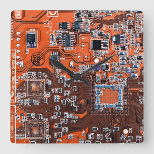 Orange för Computer Geek Circuit Board Fyrkantig Klocka
