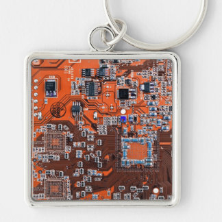 Orange för Computer Geek Circuit Board Fyrkantig Silverfärgad Nyckelring