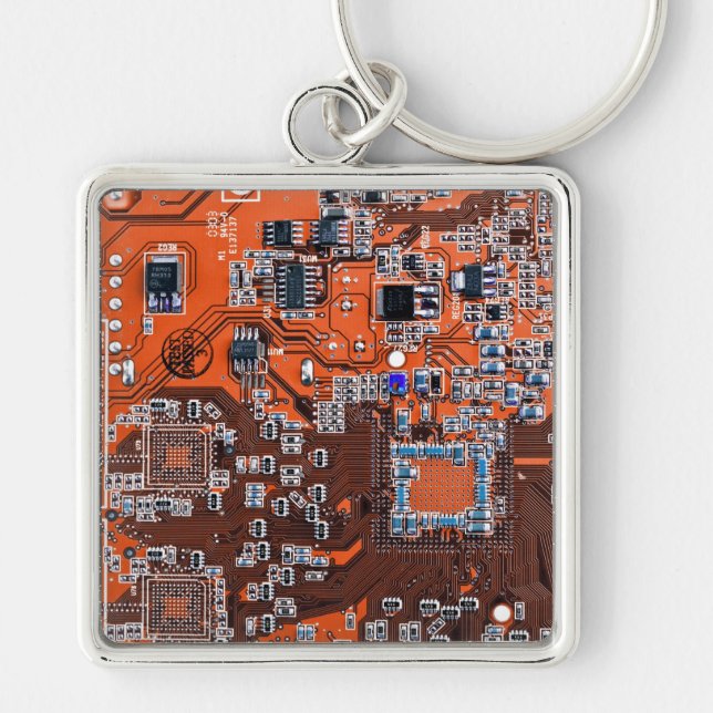 Orange för Computer Geek Circuit Board Fyrkantig Silverfärgad Nyckelring (Framsidan)