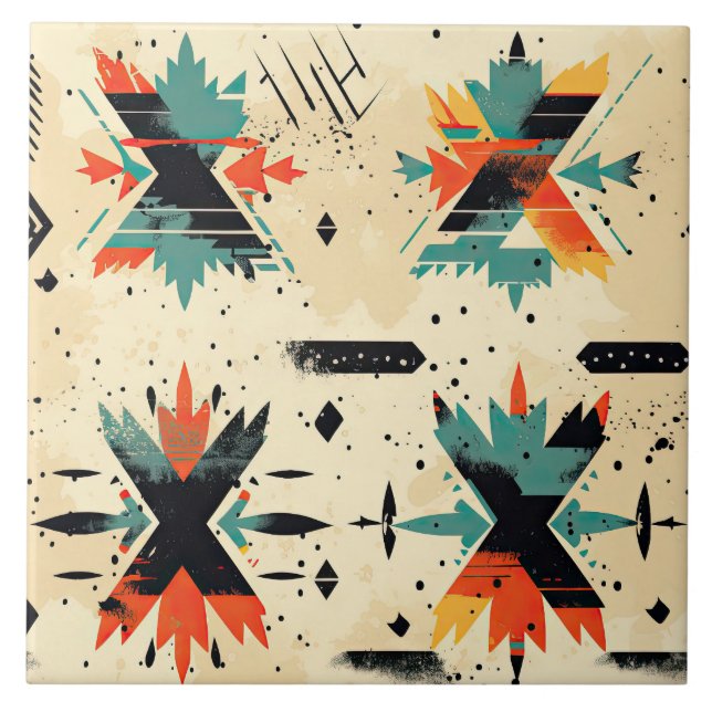 Orange för den geometriska abstrakten Retro Aztec  Kakelplatta (Framsidan)