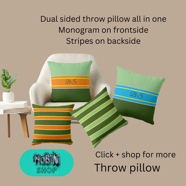 orange för dubbelsidig grönt i rand monogram kudde (Dual sided throw pillow all in one
Monogram on frontside
Stripes on backside)