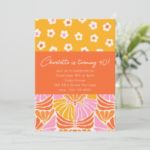 Orange för färgfull Retro-Blommigt 40:e födelsedag Inbjudningar