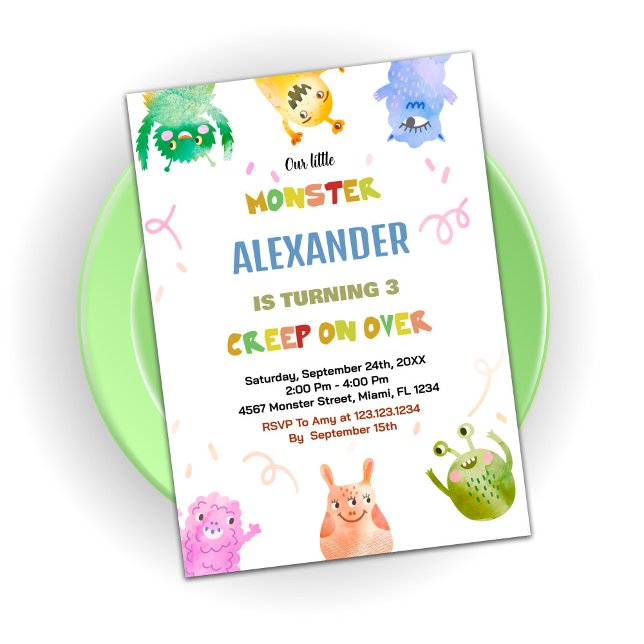 Orange för Grönt av måndagsinbjudningar Inbjudningar (Monster Birthday Invitations Green Orange)