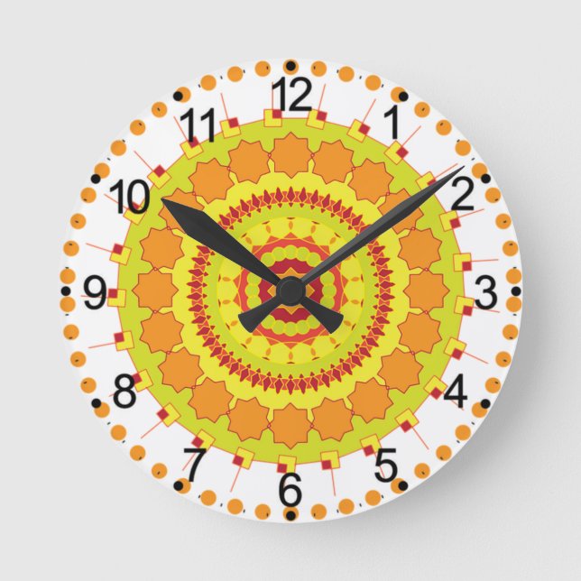 Orange för Mandala Art-Gult Rund Klocka (Framsida)