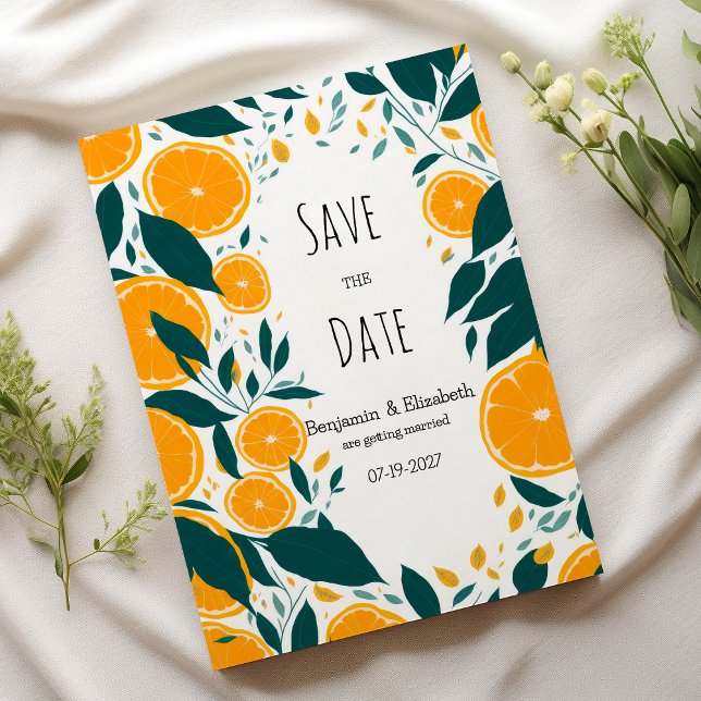 Orange för mörk grönt citrusfrukter i Botaniska ge Inbjudningar (Botanical dark green citrus orange Save the Date)