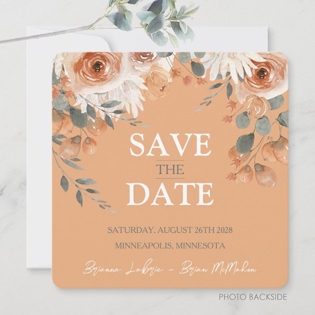 Orange för vattenfärg, Blommigt, persikor, Bröllop Spara Datumet (Watercolor Floral Light Orange Wedding Square Save The Date Light Orange)