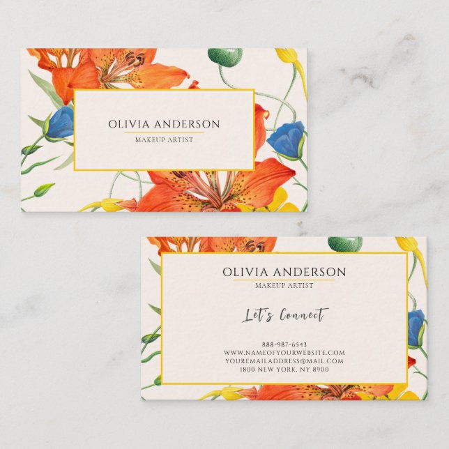 Orange för vattenfärgsBlommigt Gult Modern Boho-Ch Visitkort (Fram/baksida)