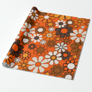 Orange för Vintage av Groovy Retro 70s-Blommönstre Presentpapper