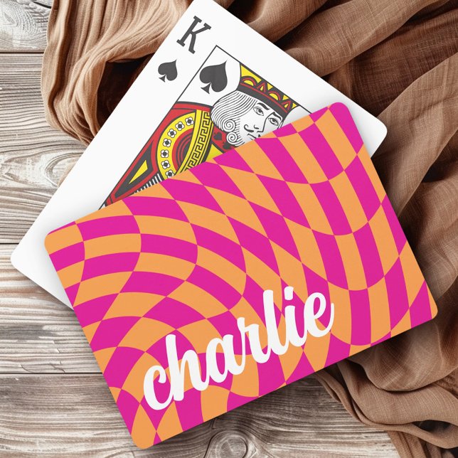 Orange för virvelvågssvällning för kontrollpanel f casinokort (Retro checkerboard swirl wave hot pink orange playing cards)