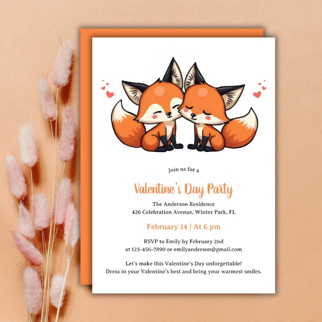 Orange Fox Alla hjärtans dag Party Inbjudningar (Adorable Valentine's Day Party Invitation with Fox Couple Design)