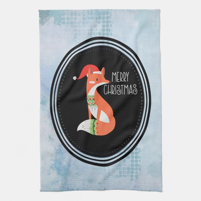 Orange Fox i Red Santa Hat God jul Kökshandduk (Vertikal)