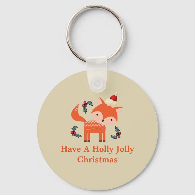 Orange Fox i Santa Hat Cute Whimsical jul Nyckelring (Framsida)