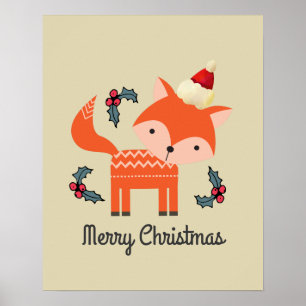 Orange Fox i Santa Hat Cute Whimsical jul Poster