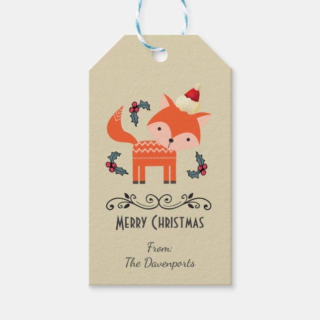 Orange Fox i Santa Hat Cute Whimsical jul Presentetikett (Framsidan)