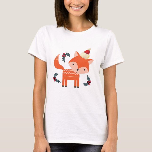 Orange Fox i Santa Hat Cute Whimsical jul T-shirt (Framsida)