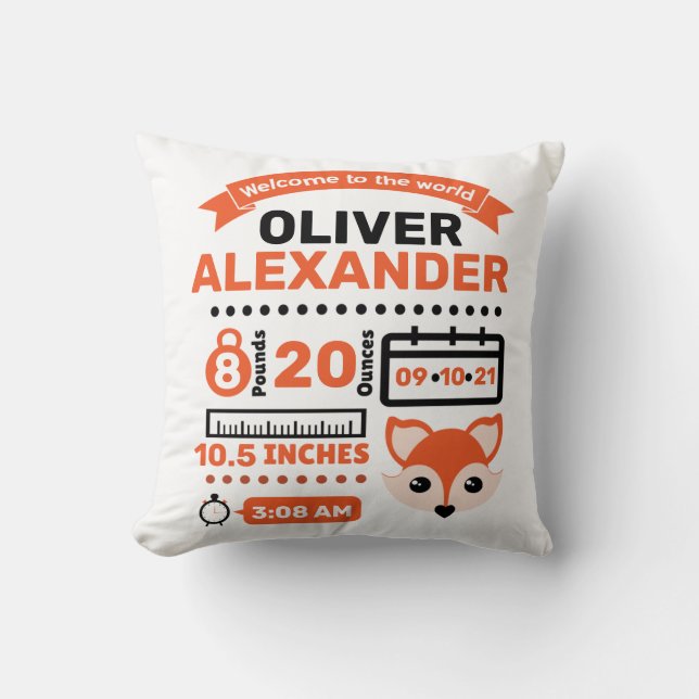 Orange Fox Newborn Baby Birth Stats Kudde (Framsida)