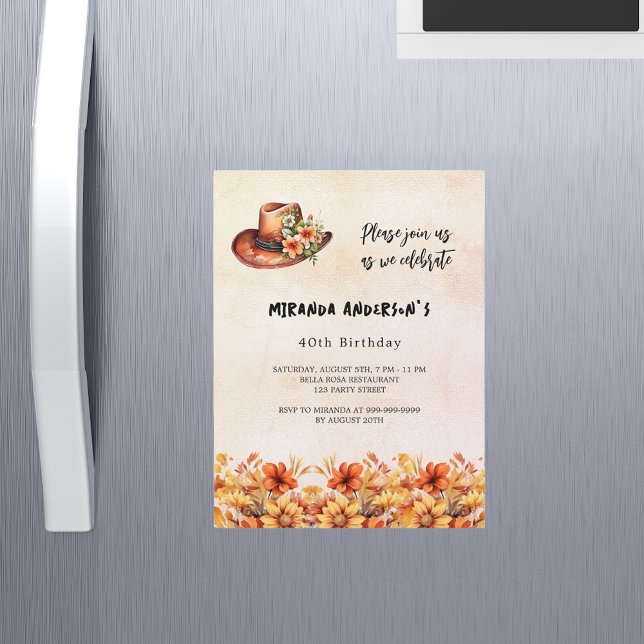 Orange från födelsedagen blommor boho cowgirl hat  magnetisk inbjudningskort (Skapare uppladdad)