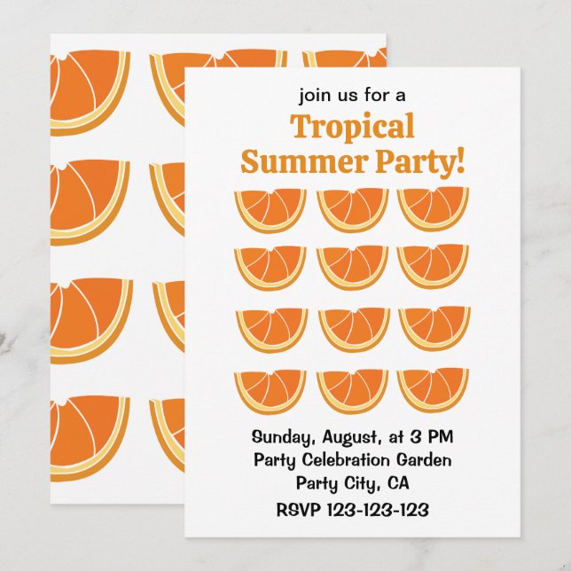 Orange Fruit Segce Tropical Summer Party Inbjudningar (Fram/baksida)