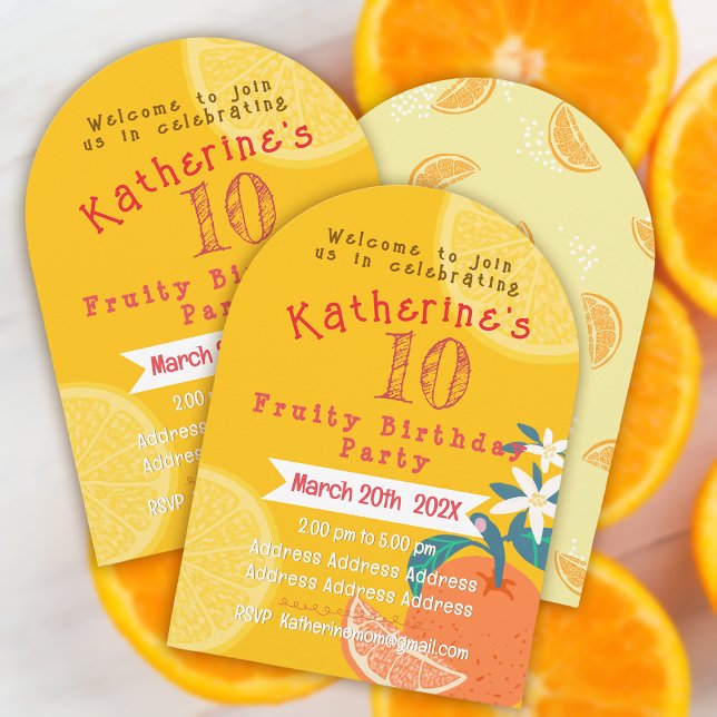 Orange Fruitig 10-års födelsedagsinbjudan Inbjudningar (Orange Fruity Invitation Card.)