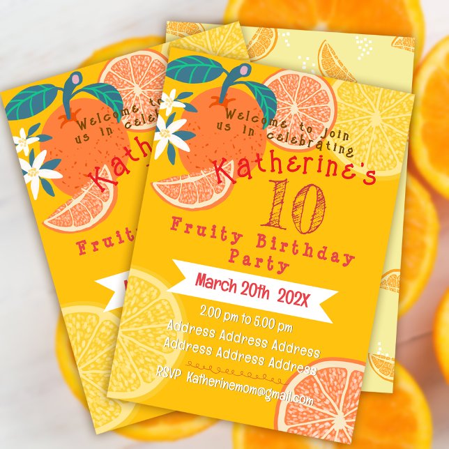 Orange Fruktlös 10-års födelsedagsinbjudan Inbjudningar (Orange Fruity Birthday Invitation Card.)