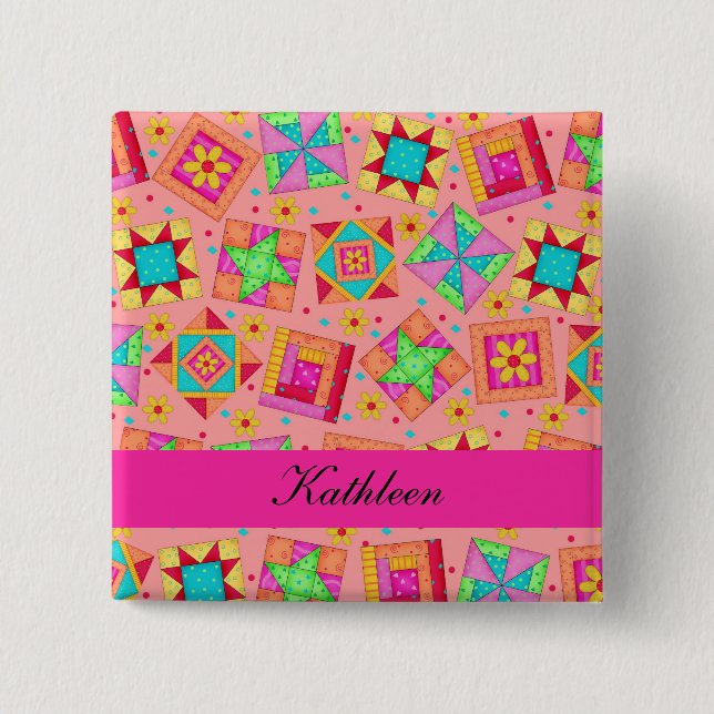 Orange Fuchsia Patchwork Quilt Blocks Namn Badge Knapp (Framsida)