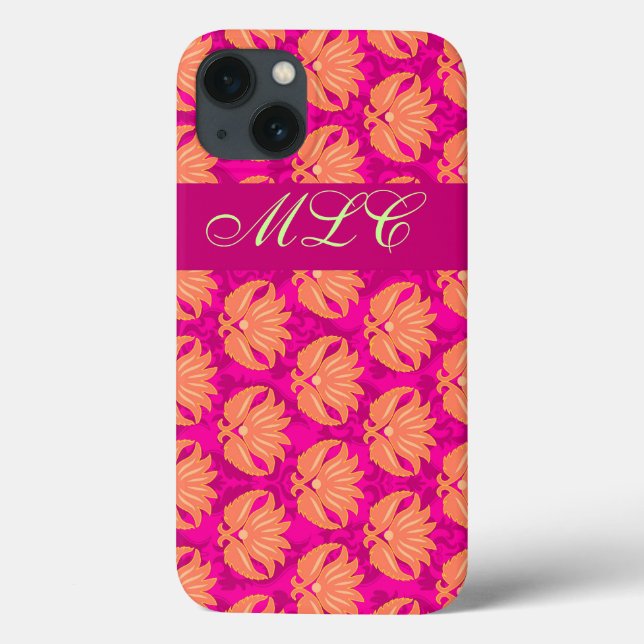 Orange Fuchsia Rosa Art nouveau Damask Monogram (Baksida)