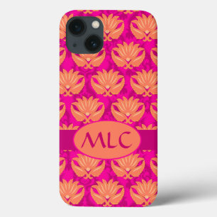 Orange Fuchsia Rosa Art nouveau Damask Monogram
