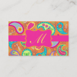 Orange Fuchsia Rosa Modern Paisley Monogram Visitkort