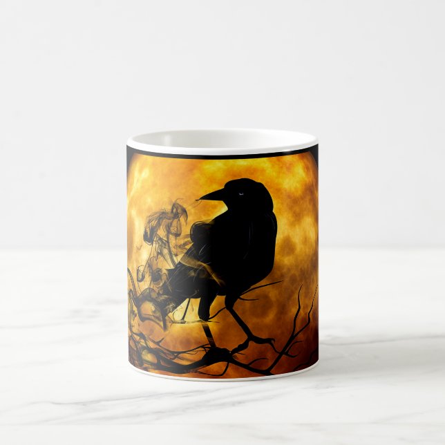 Orange Full Moon Black Raven Halloween Specter Kaffemugg (Center)