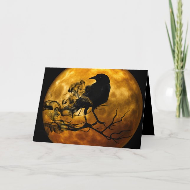 Orange Full Moon Smokey Black Raven Halloween Kråk Kort (Framsida)