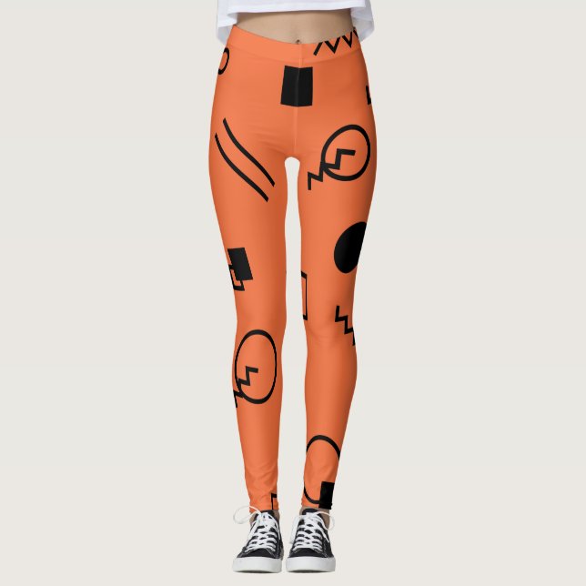 Orange, fun, trendy, geometric Memphis graphic Leggings (Framsida)
