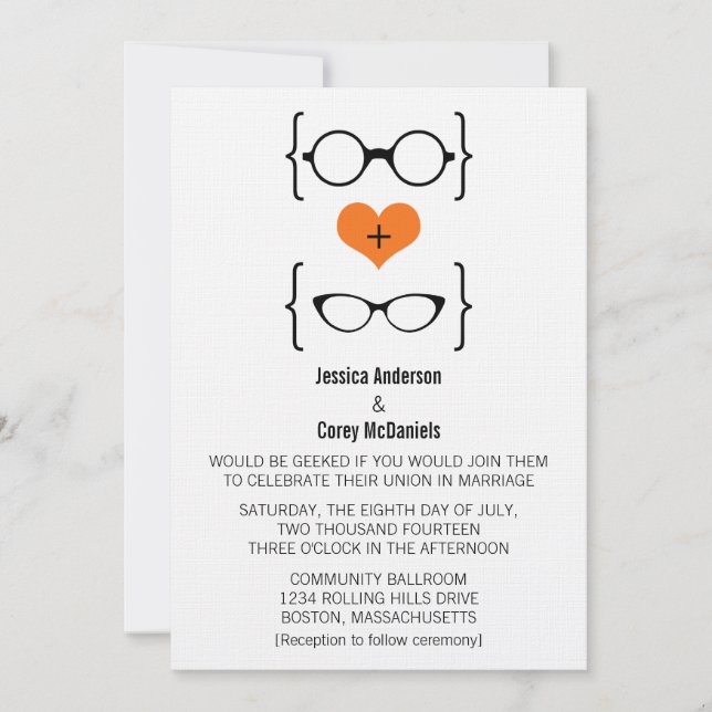 Orange Geeky Glasses bröllopsinbjudan Inbjudningar (Framsida)